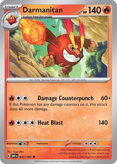 Pokémon card: Darmanitan 035/197 from Obsidian Flames (Uncommon), Fire type, front of card