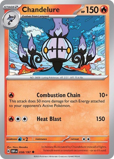 Pokémon card: Chandelure 038/197 from Obsidian Flames (Uncommon), Fire type, front of card