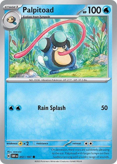 Pokémon card: Palpitoad 051/197 from Obsidian Flames (Common), Water type, front of card