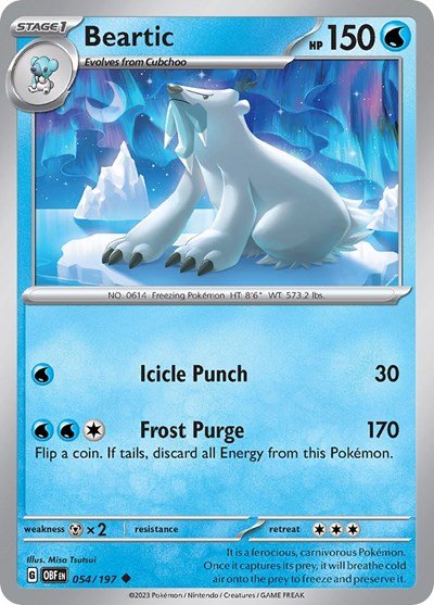 Pokémon card: Beartic 054/197 from Obsidian Flames (Uncommon), Water type, front of card