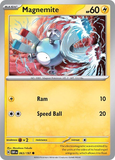 Pokémon card: Magnemite 063/197 from Obsidian Flames (Common), Lightning type, front of card