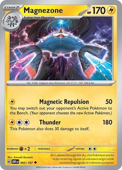 Pokémon card: Magnezone 065/197 from Obsidian Flames (Uncommon), Lightning type, front of card