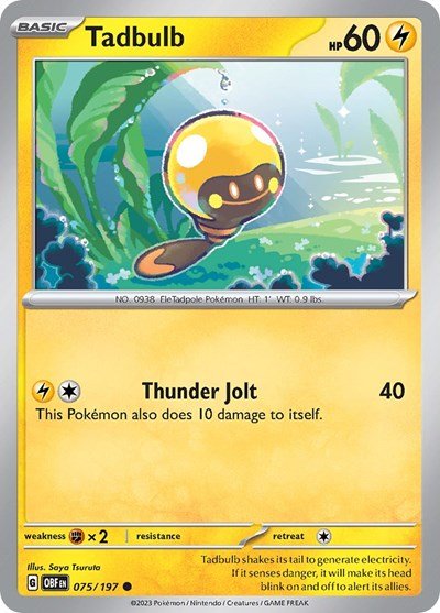 Pokémon card: Tadbulb 075/197 075/197 from Obsidian Flames (Common), Lightning type, front of card