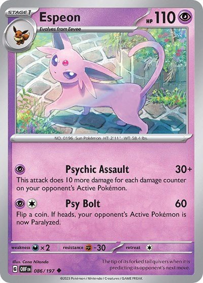 Pokémon card: Espeon 086/197 from Obsidian Flames (Uncommon), Psychic type, front of card