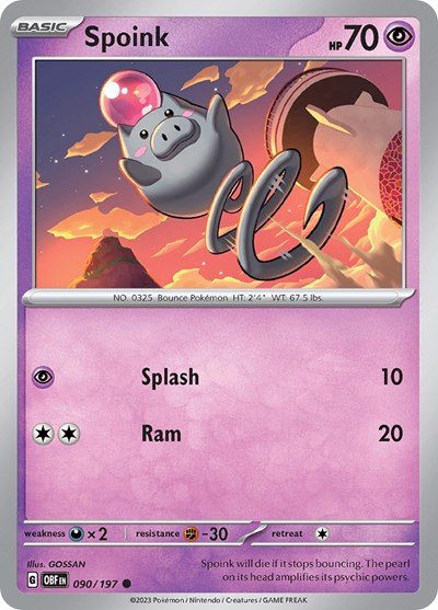 Pokémon card: Spoink 090/197 from Obsidian Flames (Common), Psychic type, front of card