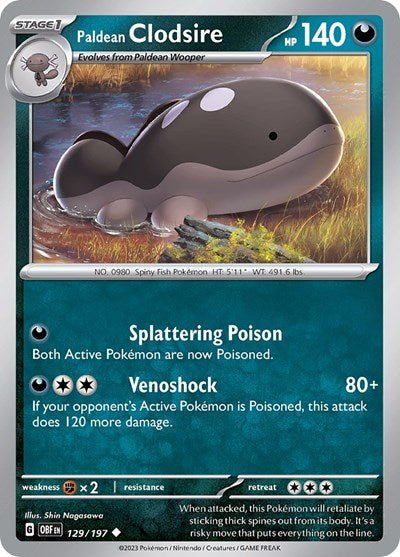 Pokémon card: Paldean Clodsire 129/197 from Obsidian Flames (Uncommon), Darkness type, front of card