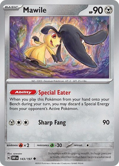 Pokémon card: Mawile 143/197 from Obsidian Flames (Uncommon), Metal type, front of card