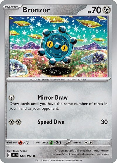 Pokémon card: Bronzor 144/197 from Obsidian Flames (Common), Metal type, front of card