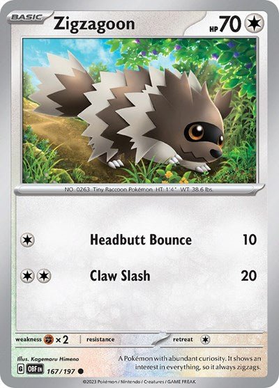 Pokémon card: Zigzagoon 167/197 from Obsidian Flames (Common), Colorless type, front of card