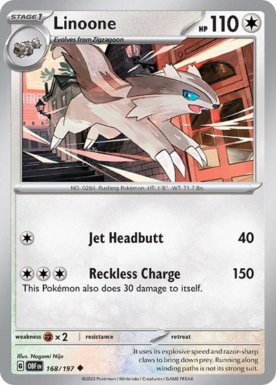 Pokémon card: Linoone 168/197 from Obsidian Flames (Uncommon), Colorless type, front of card