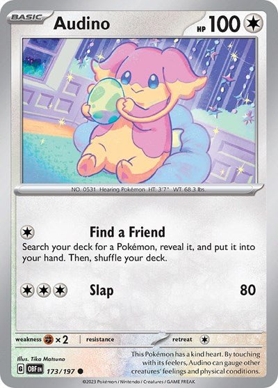 Pokémon card: Audino 173/197 from Obsidian Flames (Common), Colorless type, front of card