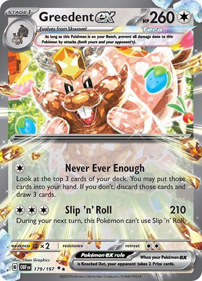 Pokémon card: Greedent ex 179/197 from Obsidian Flames (Double Rare), Colorless type, front of card