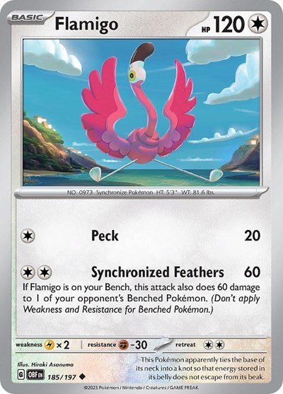Pokémon card: Flamigo 185/197 from Obsidian Flames (Uncommon), Colorless type, front of card