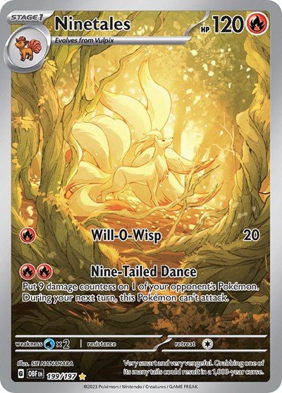 Pokémon card: Ninetales -199/197 199/197 from Obsidian Flames (Illustration Rare), Fire type, front of card