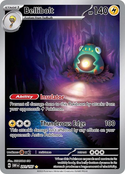 Pokémon card: Bellibolt 201/197 from Obsidian Flames (Illustration Rare), Lightning type, front of card
