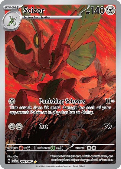 Pokémon card: Scizor 205/197 from Obsidian Flames (Illustration Rare), Metal type, front of card