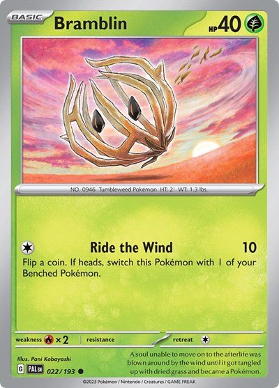Pokémon card: Bramblin 022/193 from Paldea Evolved (Common), Grass type, front of card