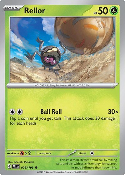 Pokémon card: Rellor 026/193 from Paldea Evolved (Common), Grass type, front of card