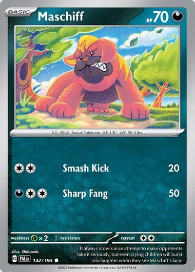 Pokémon card: Maschiff 142/193 from Paldea Evolved (Common), front of card