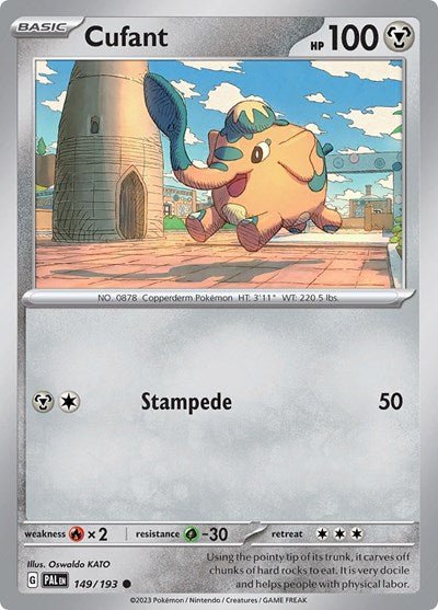 Pokémon card: Cufant 149/193 from Paldea Evolved (Common), Metal type, front of card