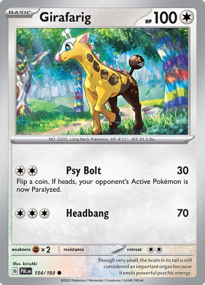 Pokémon card: Girafarig 154/193 from Paldea Evolved (Common), Colorless type, front of card