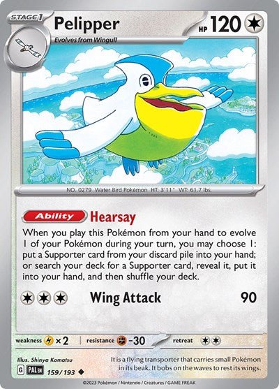 Pokémon card: Pelipper 159/193 from Paldea Evolved (Uncommon), Colorless type, front of card