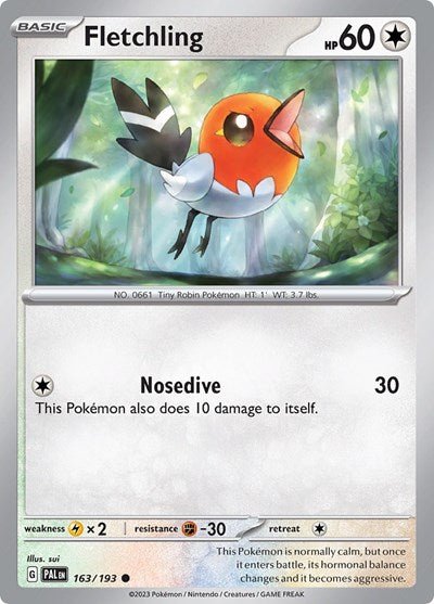 Pokémon card: Fletchling 163/193 from Paldea Evolved (Common), Colorless type, front of card