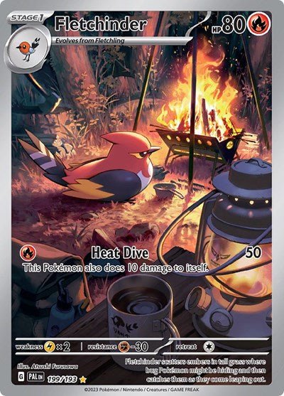 Pokémon card: Fletchinder 199/193 from Paldea Evolved (Illustration Rare), Fire type, front of card
