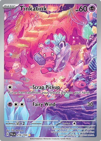 Pokémon card: Tinkatink 216/193 from Paldea Evolved (Illustration Rare), Psychic type, front of card
