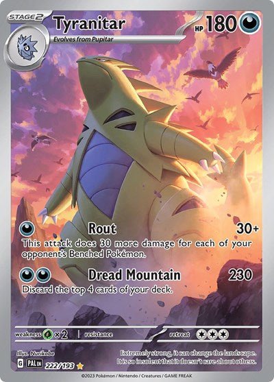 Pokémon card: Tyranitar 222/193 from Paldea Evolved (Illustration Rare), Darkness type, front of card