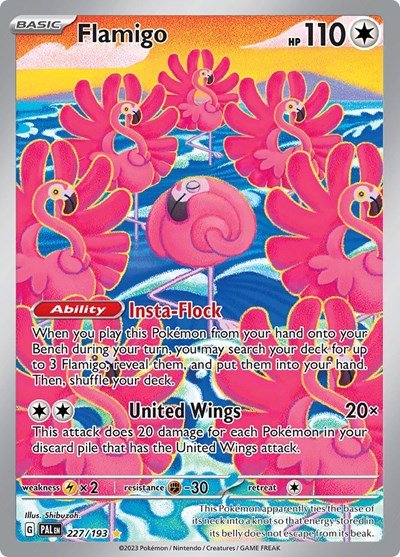 Pokémon card: Flamigo 227/193 from Paldea Evolved (Illustration Rare), Colorless type, front of card