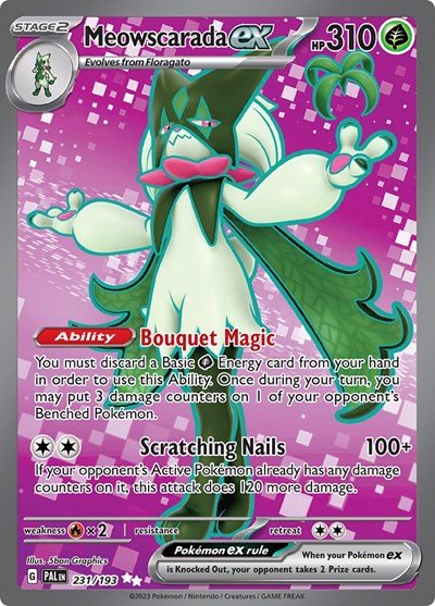 Pokémon card: Meowscarada ex 231/193 from Paldea Evolved (Ultra Rare), Grass type, front of card