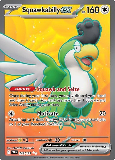 Pokémon card: Squawkabilly ex 247/193 from Paldea Evolved (Ultra Rare), Colorless type, front of card