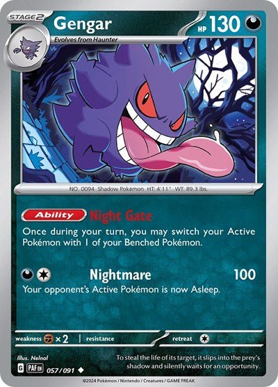 Pokémon card: Gengar 057/091 from Paldean Fates (Uncommon), Darkness type, front of card