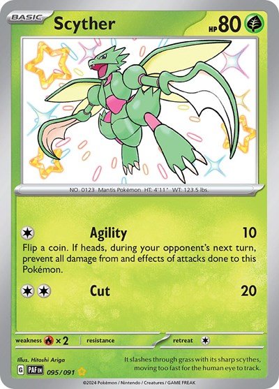 Pokémon card: Scyther 095/091 from Paldean Fates (Shiny Rare), Grass type, front of card