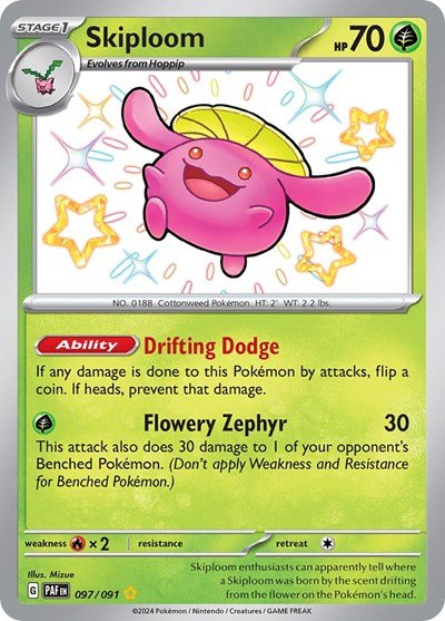 Pokémon card: Skiploom 097/091 from Paldean Fates (Shiny Rare), Grass type, front of card