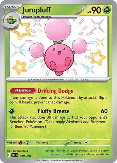 Pokémon card: Jumpluff 098/091 from Paldean Fates (Shiny Rare), Grass type, front of card