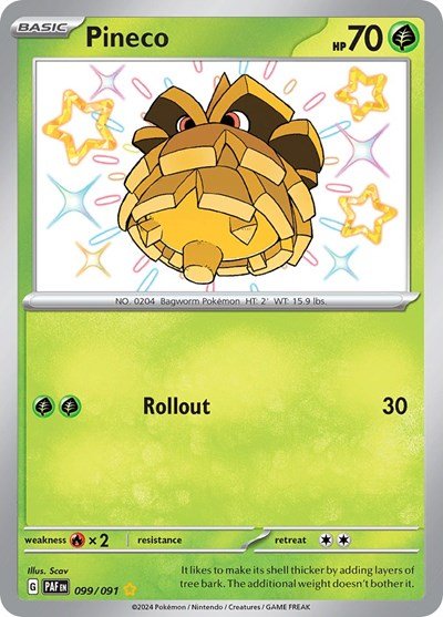 Pokémon card: Pineco 099/091 from Paldean Fates (Shiny Rare), Grass type, front of card