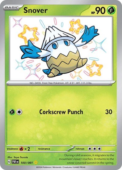 Pokémon card: Snover 100/091 from Paldean Fates (Shiny Rare), Grass type, front of card