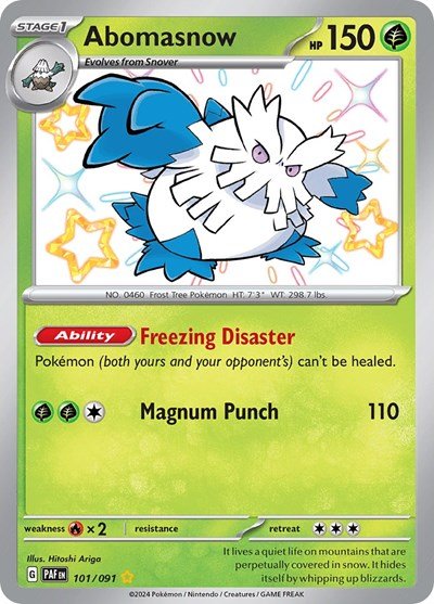 Pokémon card: Abomasnow 101/091 from Paldean Fates (Shiny Rare), Grass type, front of card