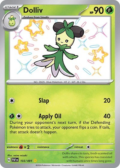 Pokémon card: Dolliv 103/091 from Paldean Fates (Shiny Rare), Grass type, front of card