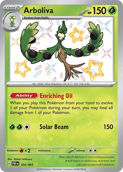 Pokémon card: Arboliva 104/091 from Paldean Fates (Shiny Rare), Grass type, front of card