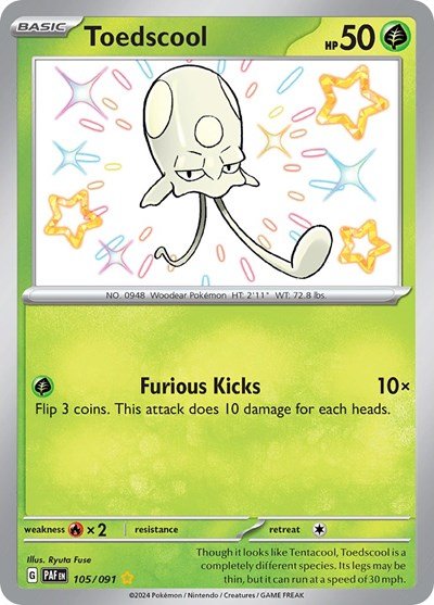 Pokémon card: Toedscool 105/091 from Paldean Fates (Shiny Rare), Grass type, front of card