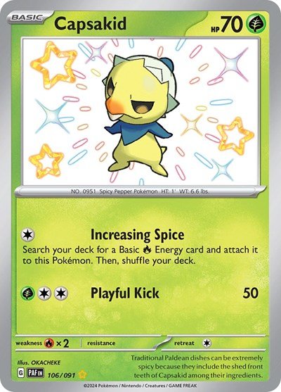 Pokémon card: Capsakid 106/091 from Paldean Fates (Shiny Rare), Grass type, front of card