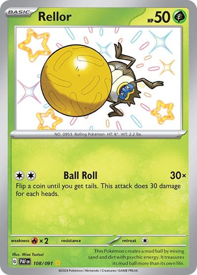 Pokémon card: Rellor 108/091 from Paldean Fates (Shiny Rare), Grass type, front of card
