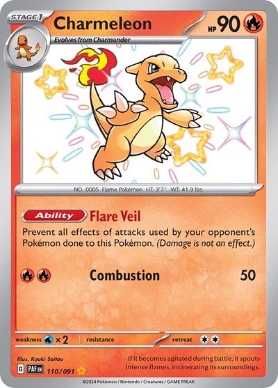 Pokémon card: Charmeleon 110/091 from Paldean Fates (Shiny Rare), Fire type, front of card