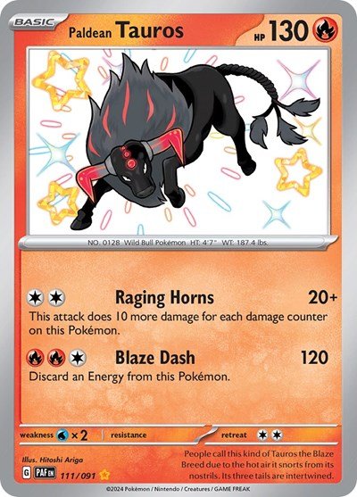 Pokémon card: Paldean Tauros 111/091 from Paldean Fates (Shiny Rare), Fire type, front of card
