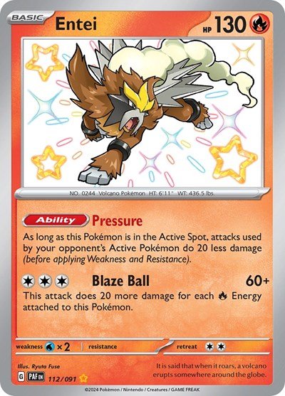 Pokémon card: Entei 112/091 from Paldean Fates (Shiny Rare), Fire type, front of card