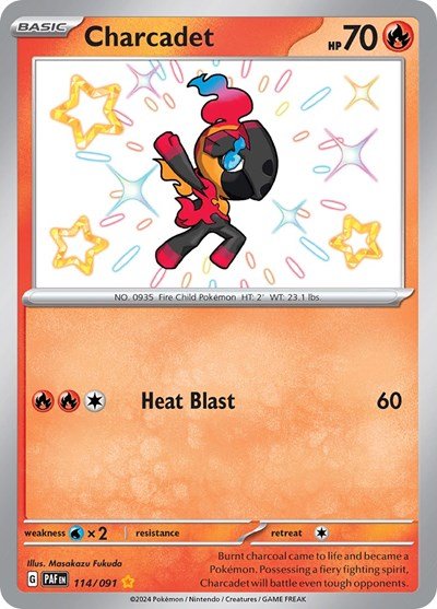 Pokémon card: Charcadet 114/091 from Paldean Fates (Shiny Rare), Fire type, front of card