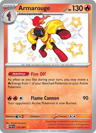 Pokémon card: Armarouge 115/091 from Paldean Fates (Shiny Rare), Fire type, front of card